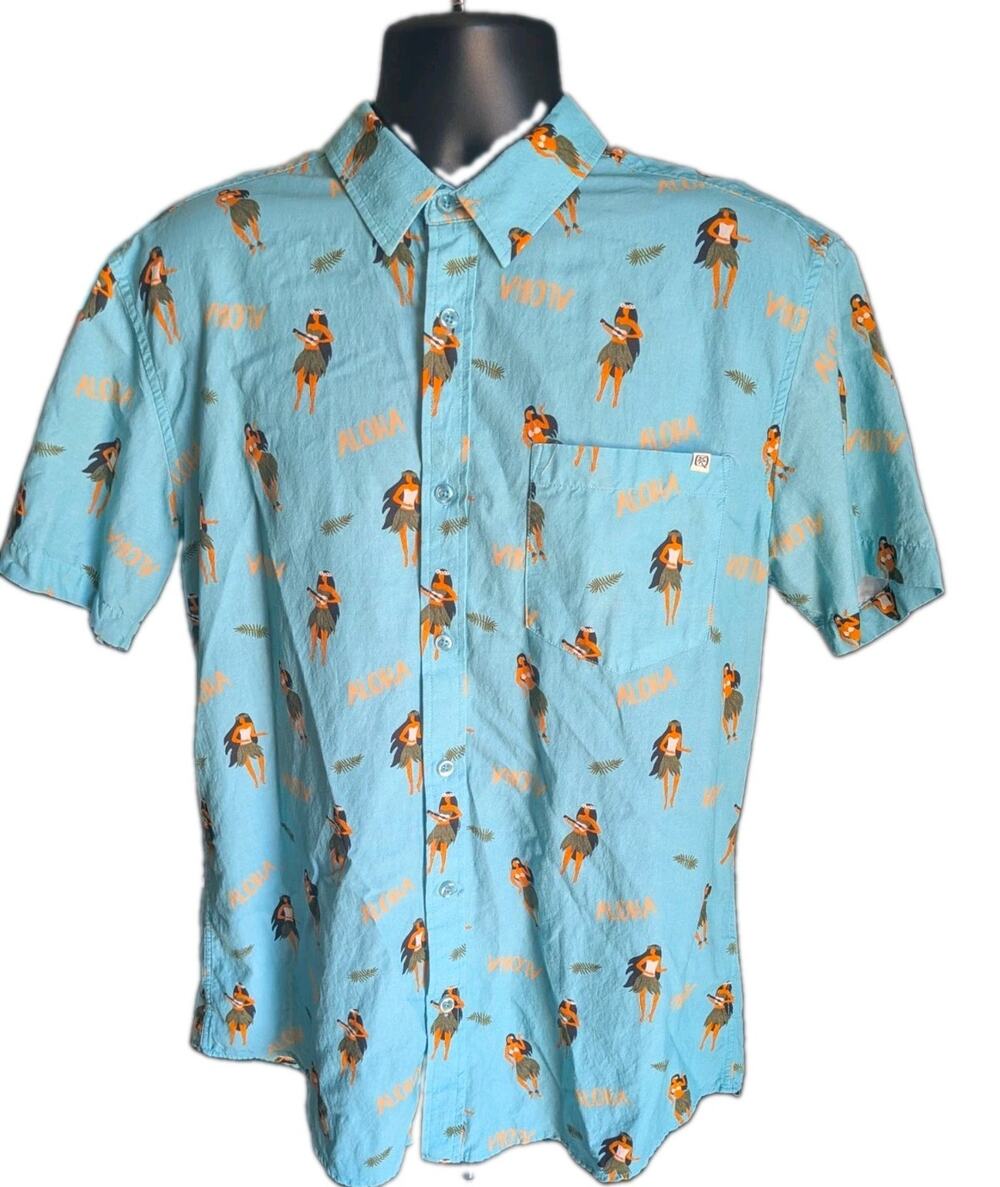 Quiet Storm Surf Shop Mens M Aloha Hula Girl Hawaiian Shirt Rayon Blue Button Up